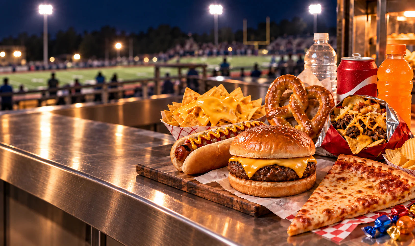 A plain cheeseburger, cheese-only nachos, hot dog, pizza, soft pretzel, marching taco, canned soda, bottled water, and bottled sports drink arranged at a stadium concession stand