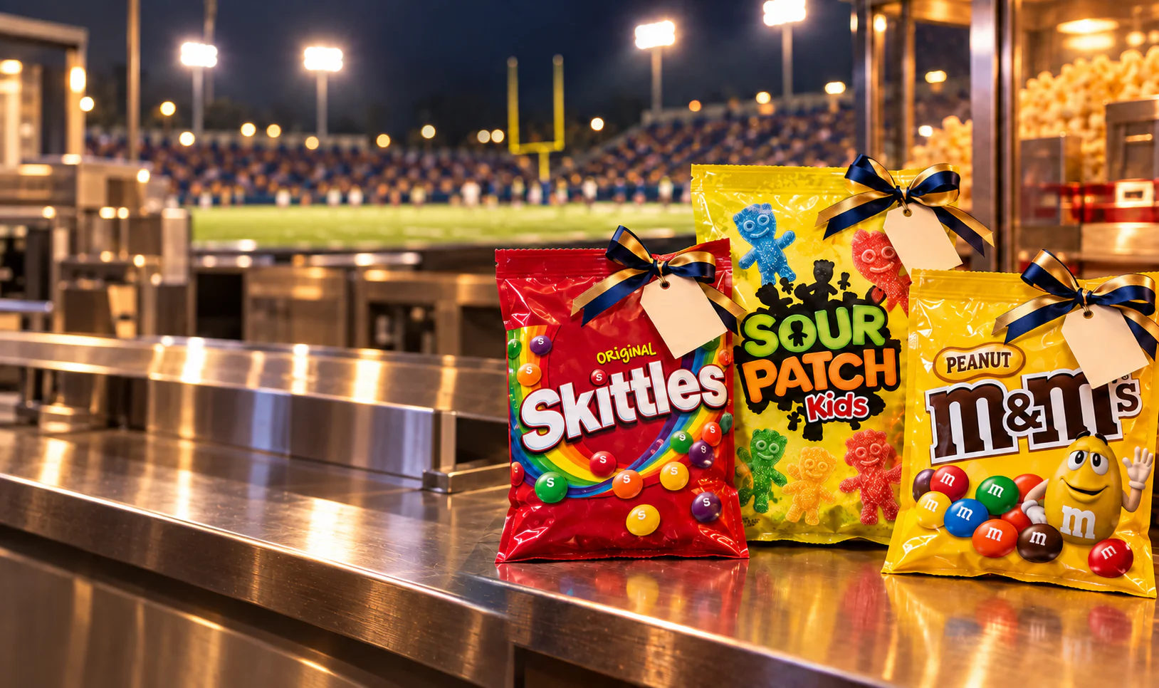 Unopened retail packages of Skittles, Sour Patch Kids, and Peanut M&M's with small blank gift notes at a stadium concession stand